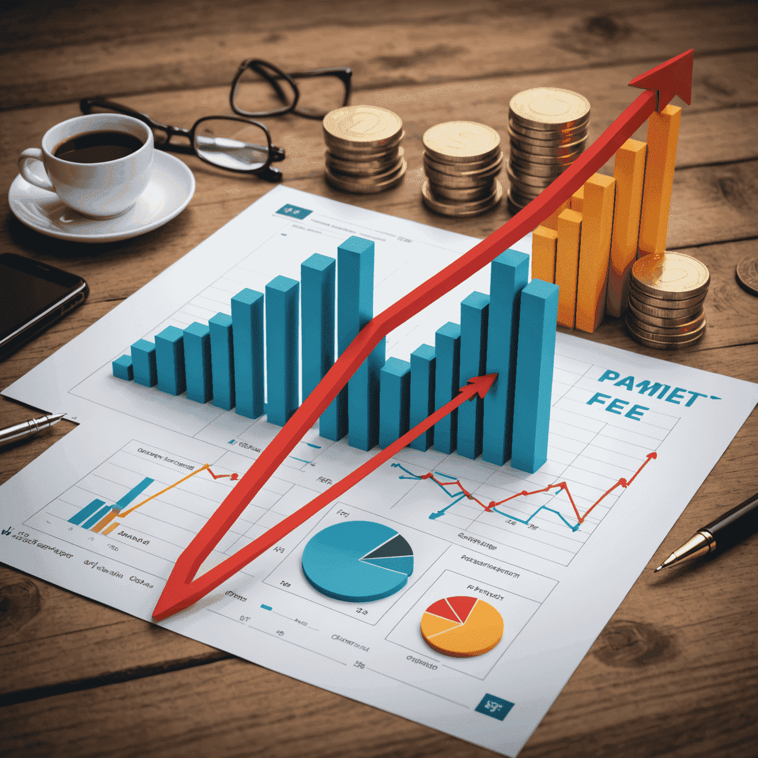 Grafické znázornění optimalizace plateb a poplatků, ukazující klesající grafy a šipky směřující dolů, symbolizující snížení nákladů